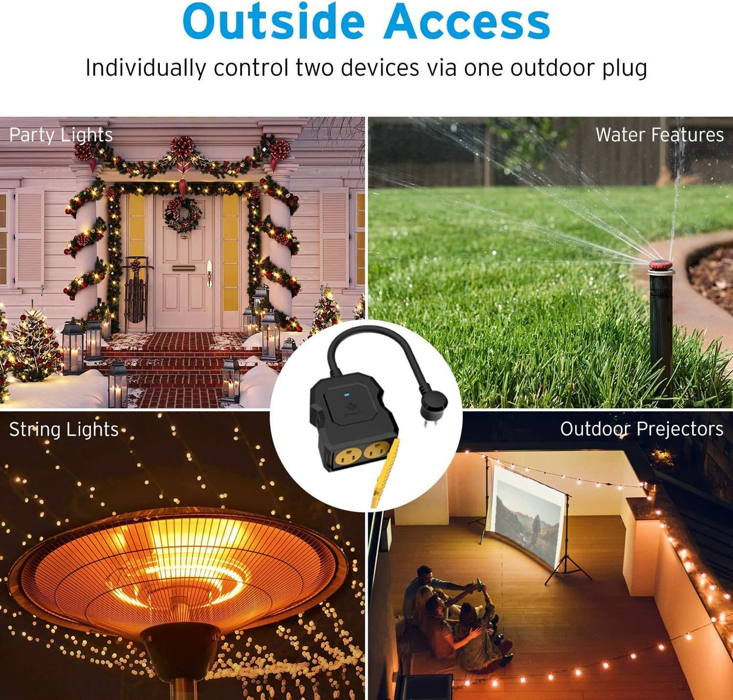 Outdoor Smart Plug, Home Wifi Outlet with 2 Sockets for Lights, Timer Function & Energy Monitoring, Works with Alexa & Google Home, Wireless Remote Control, ETL Listed, 1PACK