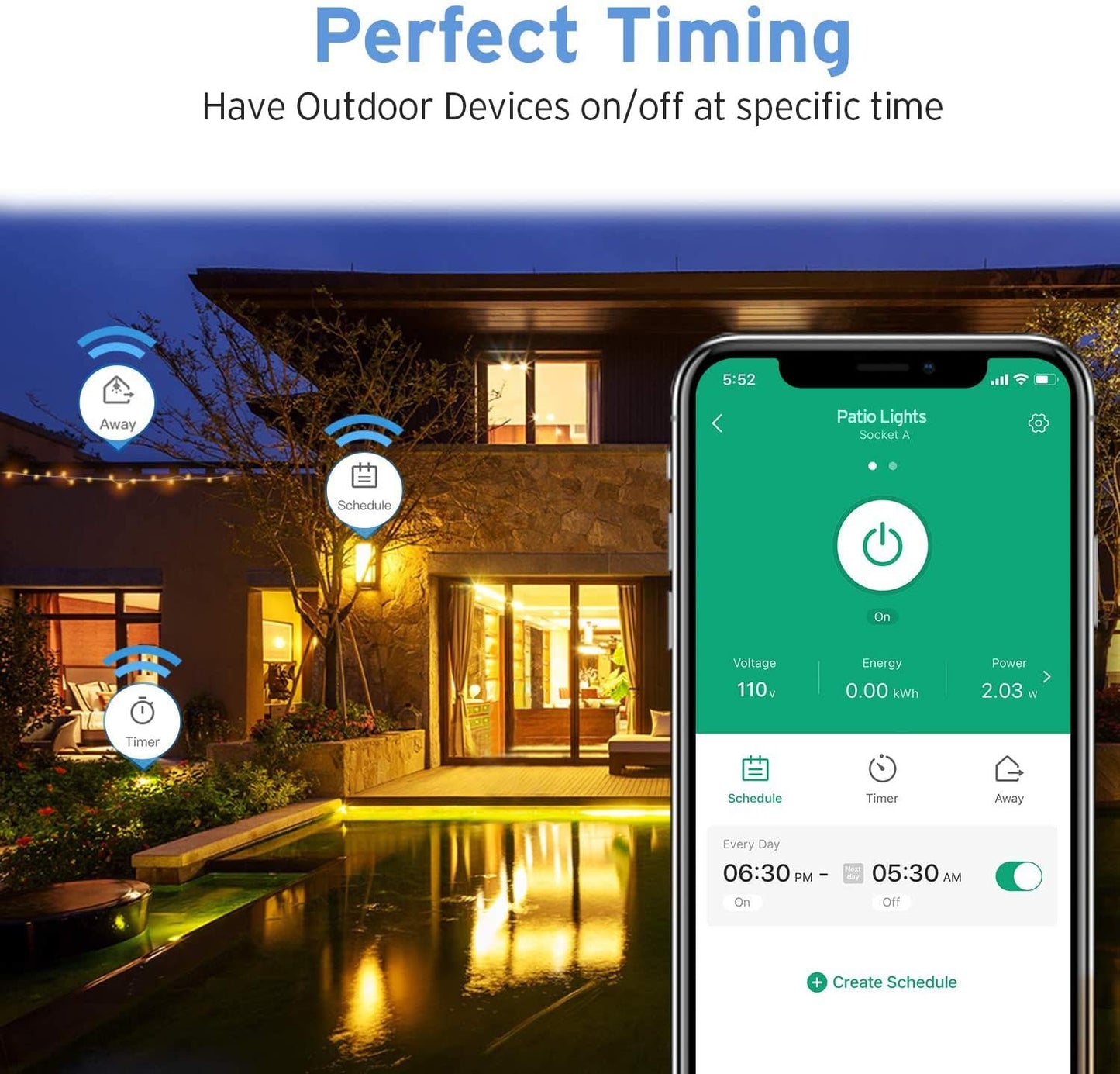 Outdoor Smart Plug, Home Wifi Outlet with 2 Sockets for Lights, Timer Function & Energy Monitoring, Works with Alexa & Google Home, Wireless Remote Control, ETL Listed, 1PACK