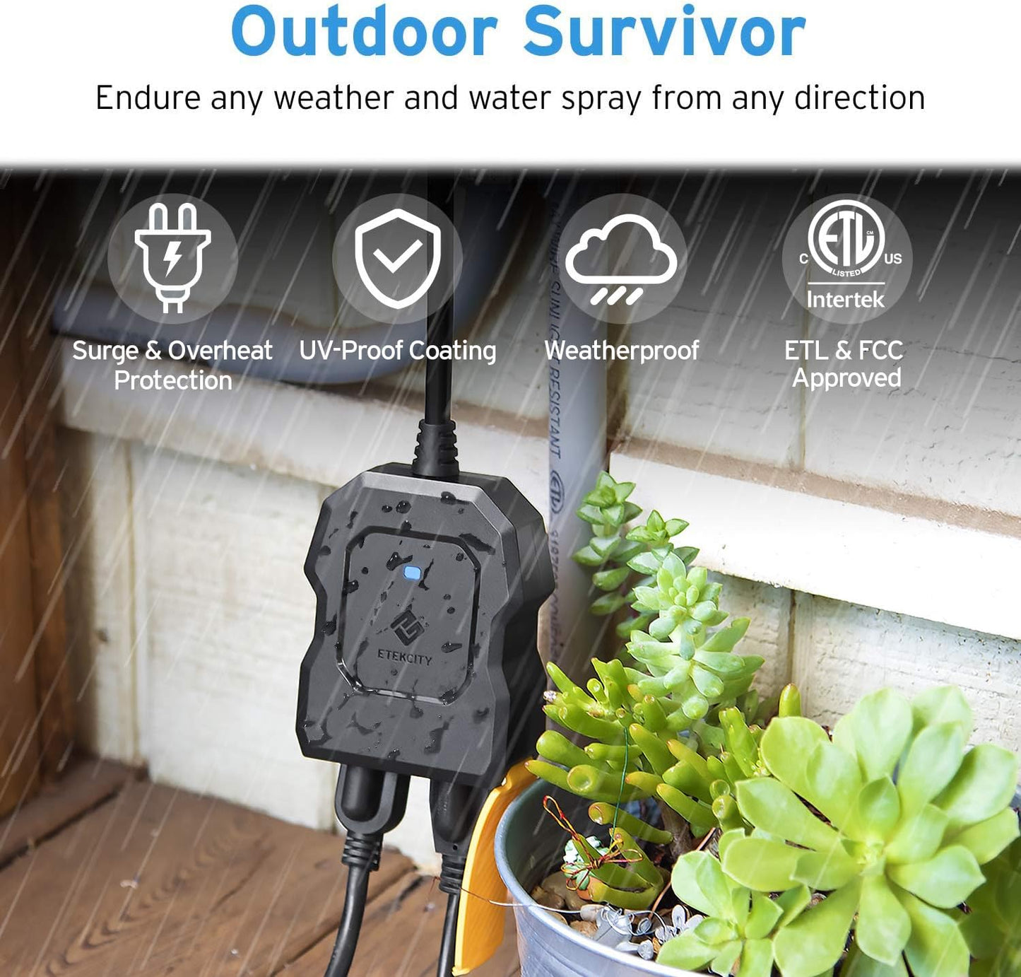 Outdoor Smart Plug, Home Wifi Outlet with 2 Sockets for Lights, Timer Function & Energy Monitoring, Works with Alexa & Google Home, Wireless Remote Control, ETL Listed, 1PACK